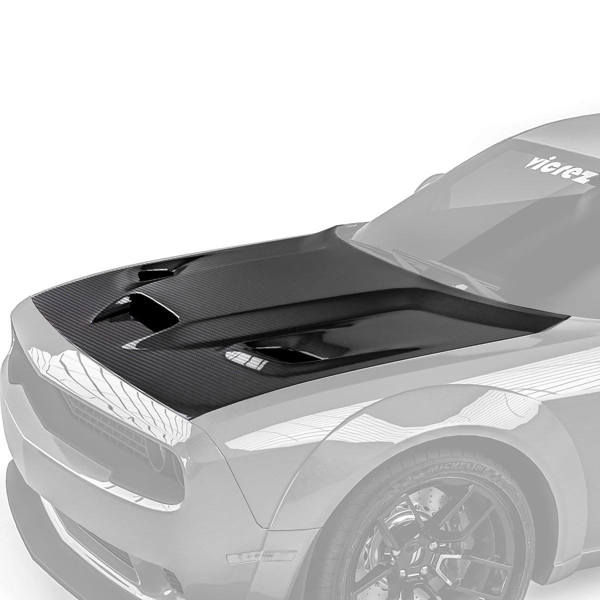 2008-2023 Dodge Challenger Hellcat Hood w/ Vent Scoop, Carbon - view 2