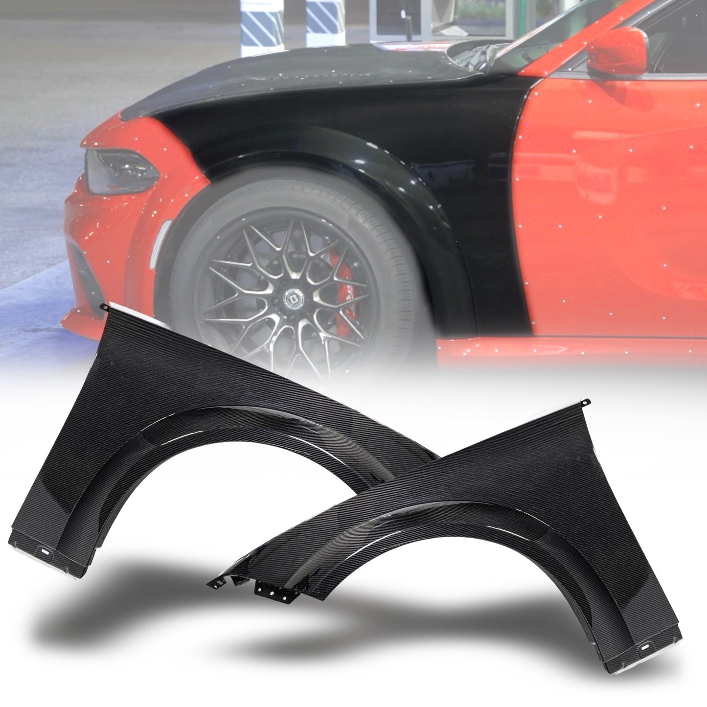2015-2025 Dodge Charger Dry Gloss Carbon Fiber Type-Hellcat Front Fenders Widebody w/Flares 1pc