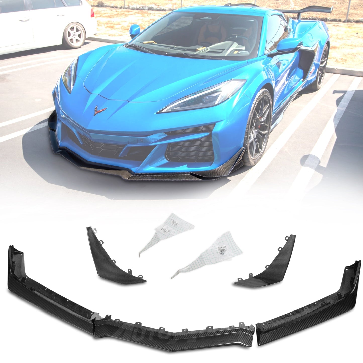 2023-2027 C8 Corvette Z06/E-Ray Type Z07 Dry Gloss Carbon Fiber Front 3pc Chin Splitter & Canards Pair