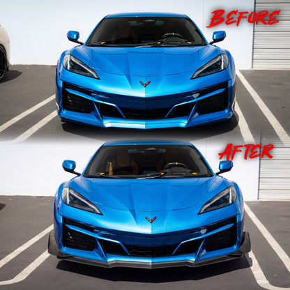 2023-2027 C8 Corvette Z06/E-Ray Type Z07 Dry Gloss Carbon Fiber Front 3pc Chin Splitter & Canards Pair
