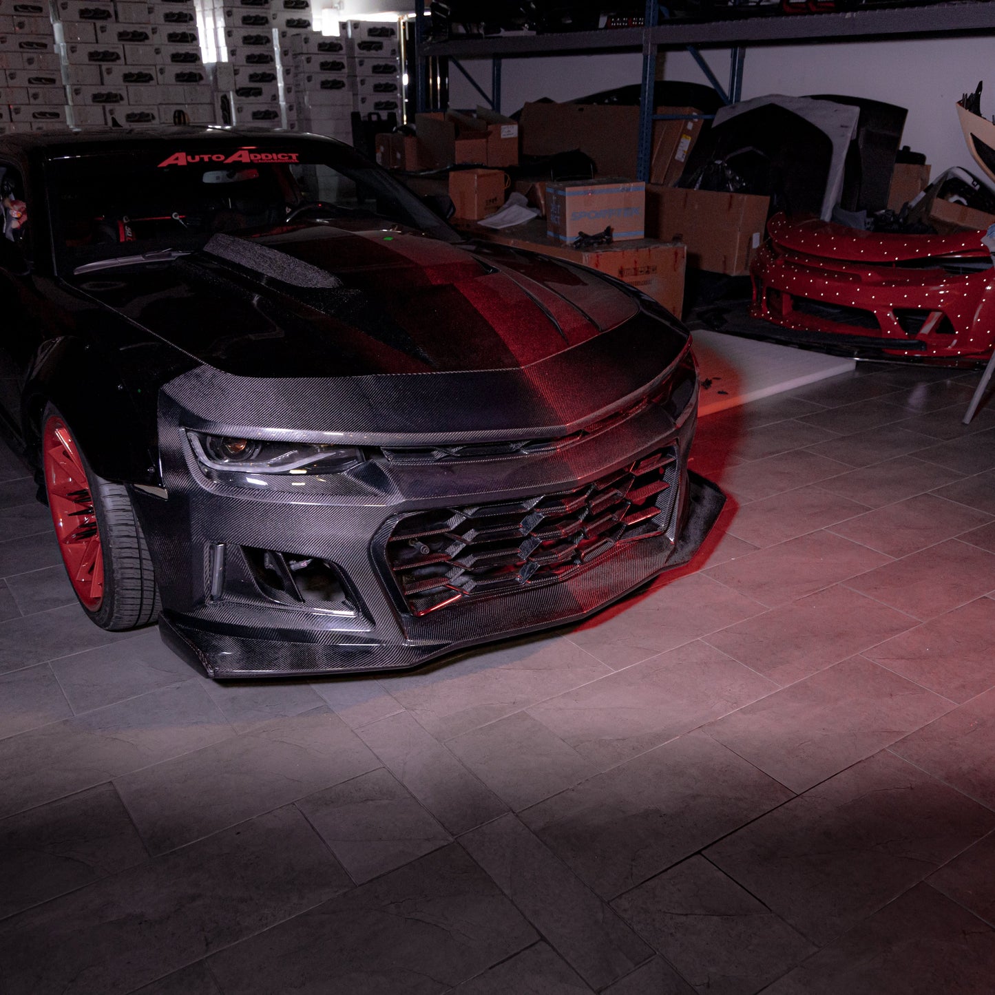 2010-2015 Chevy Camaro Black Panther 1PC Full Gloss Carbon Fiber Track Package Front Bumper Conversion