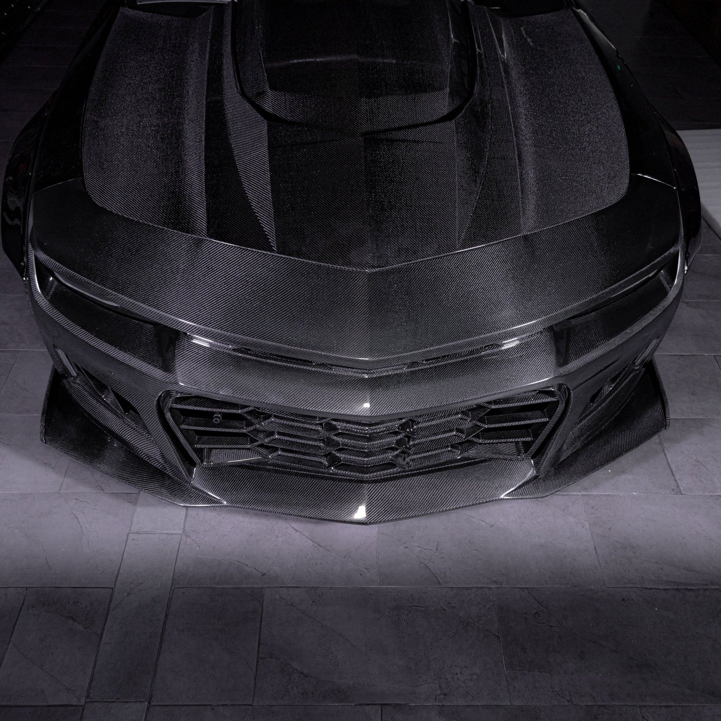 2010-2015 Chevy Camaro Black Panther 1PC Full Gloss Carbon Fiber Track Package Front Bumper Conversion