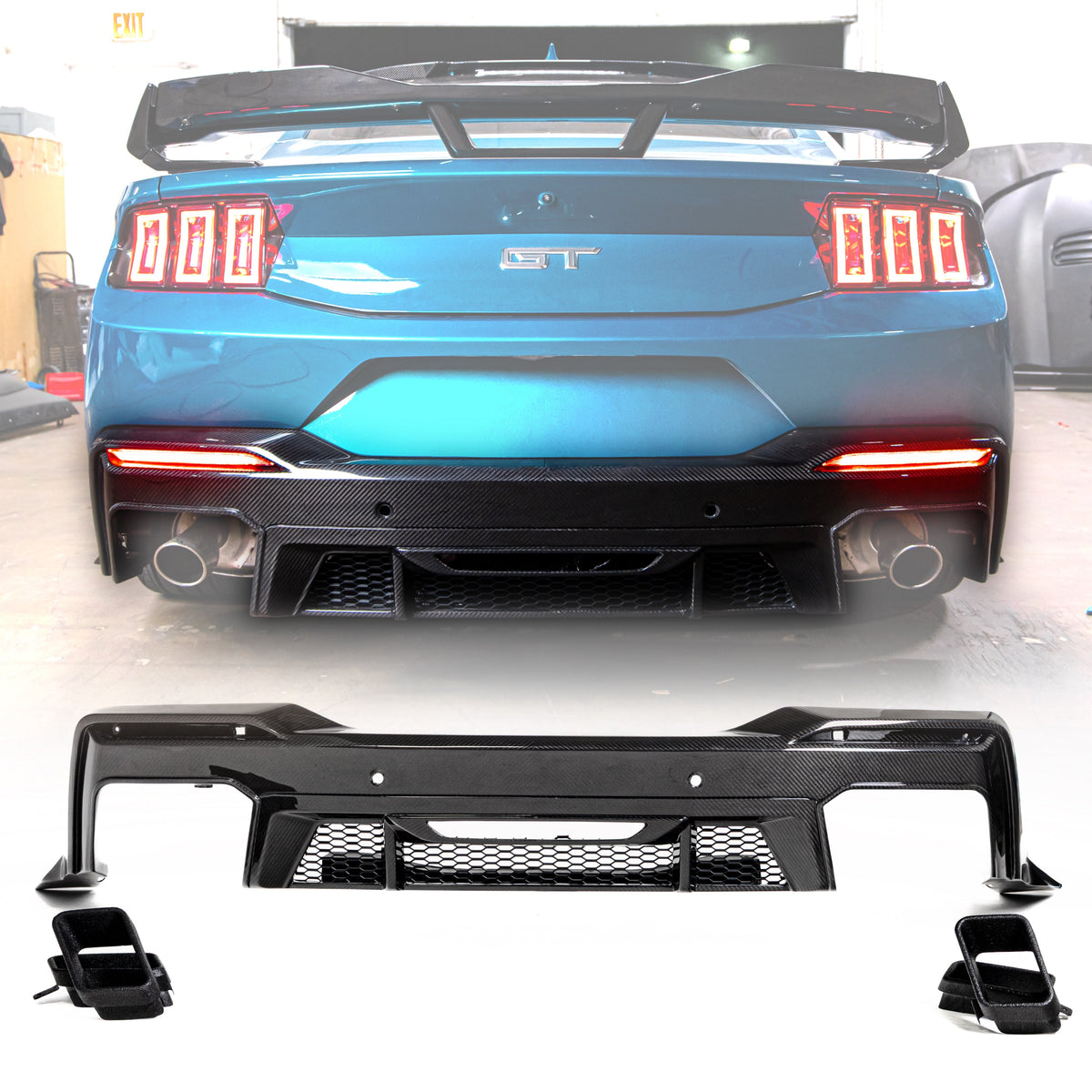 2024–2026 Mustang S650 Heritage SC™ V-Shaped Dry Gloss Carbon Fiber Rear Diffuser Rectangular-Exit Quad Tips