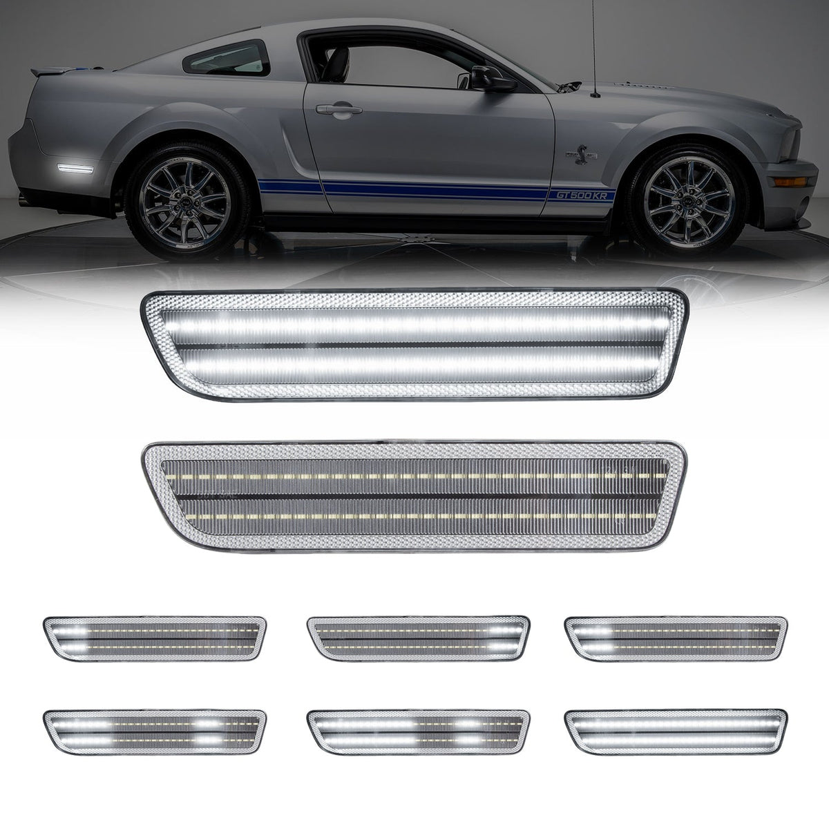 2005-2009 Ford Mustang Clear Lens White Dynamic Animation LED Side Markers