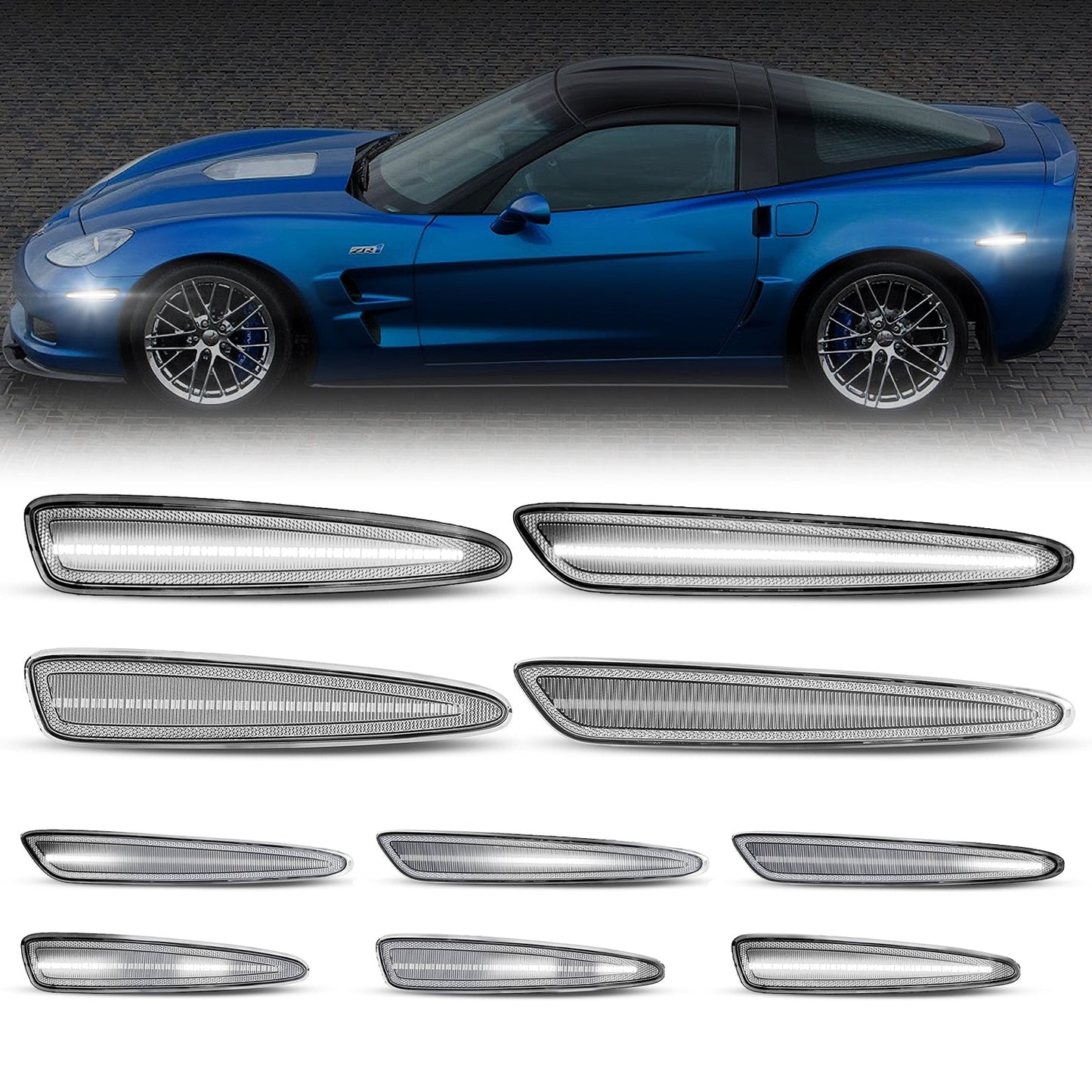 2005-2013 Corvette C6 Clear Lens White Dynamic Animation LED Side Markers Set