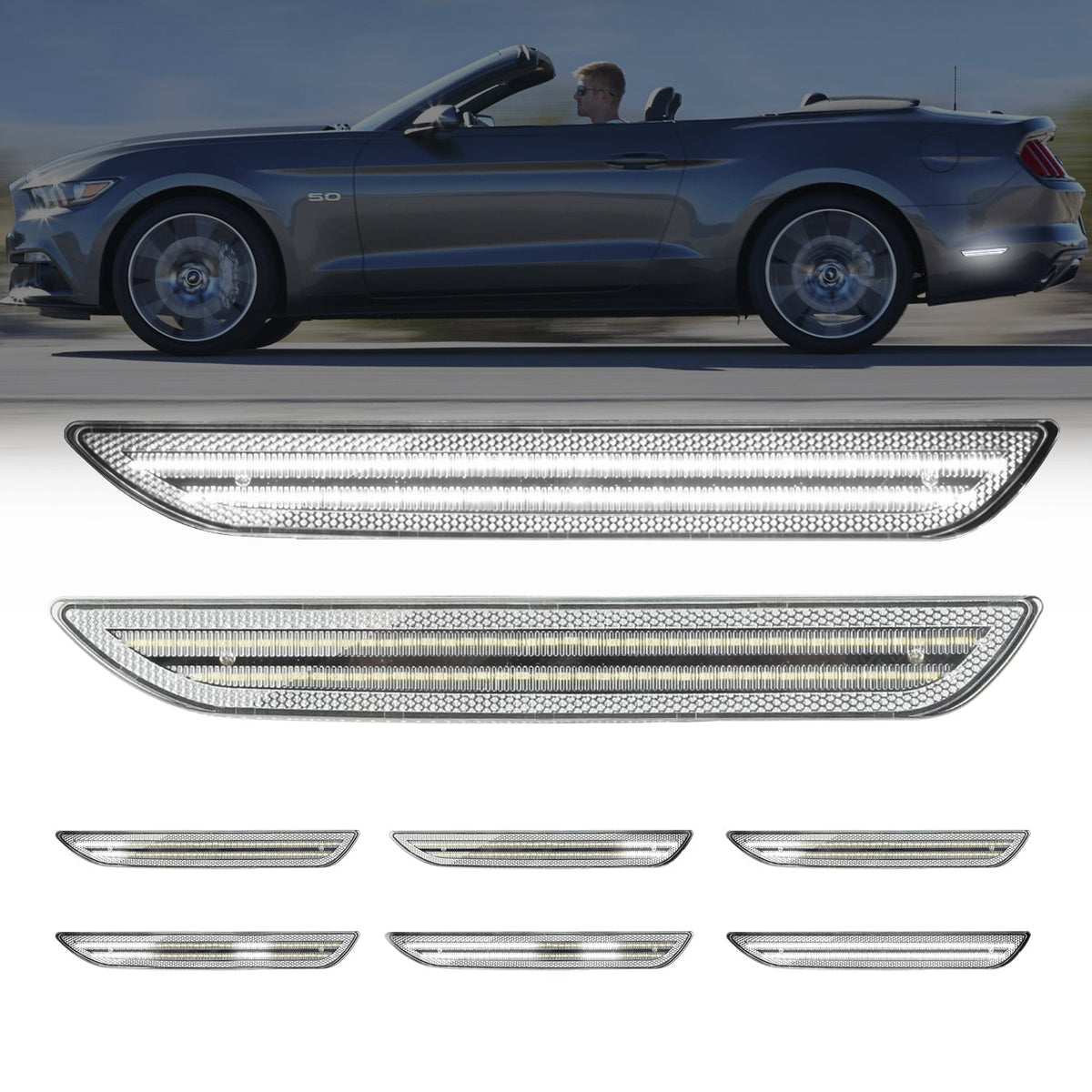 2015-2023 Mustang S550 Clear Lens White Dynamic Animation LED Side Markers