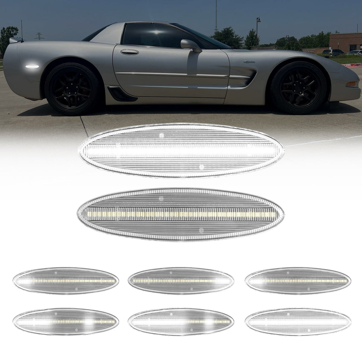 1997-2004 Corvette C5 Rear Bumper Clear Lens White Dynamic Animation LED Side Markers