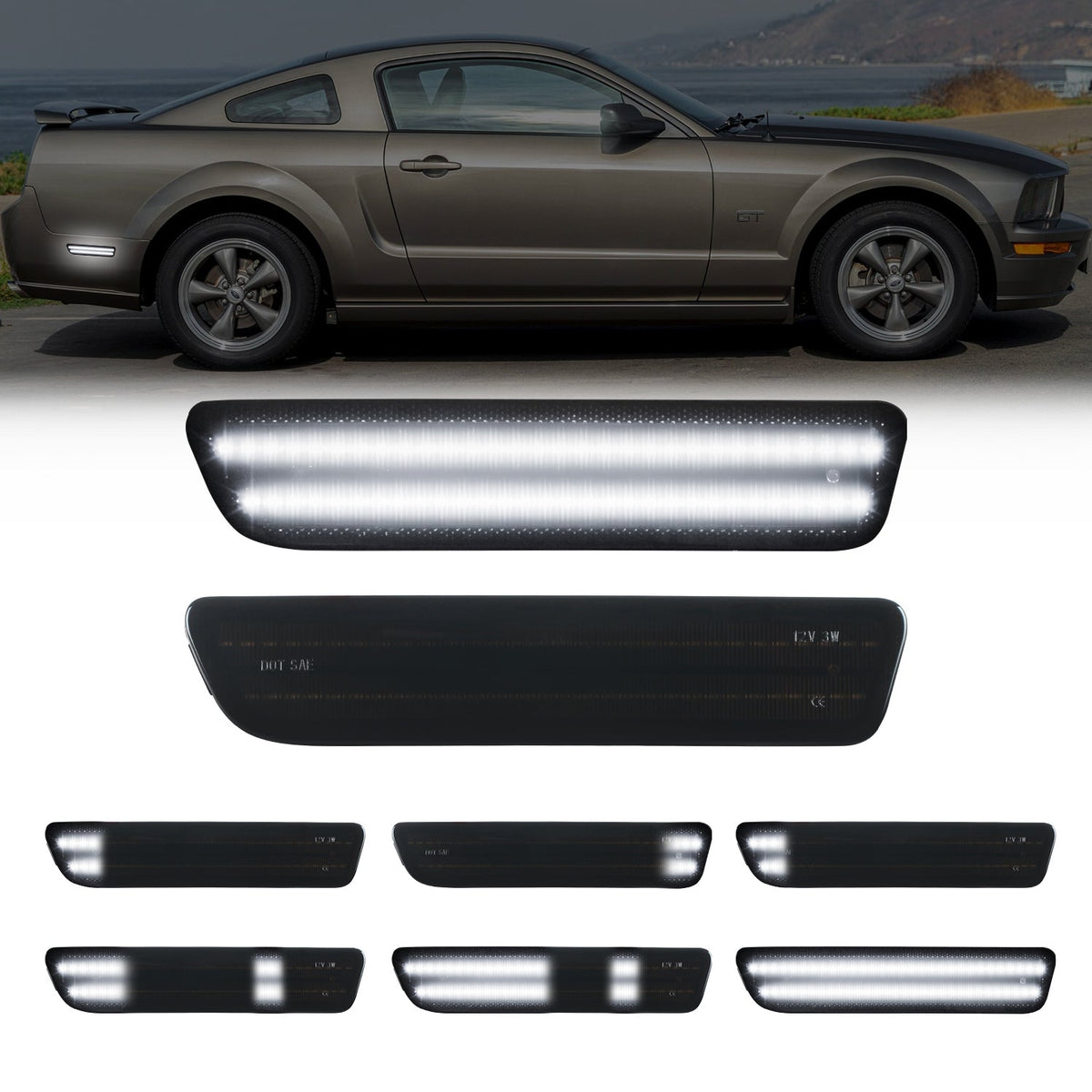 2005-2009 Ford Mustang Smoke Lens White Dynamic Animation LED Side Markers