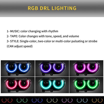 2008-2014 Dodge Challenger RGB Color Change OEM Replica Headlights Projector LED Lights